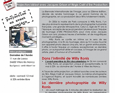 Dans l'intimité de Willy Ronis , le 12 mai à 20h au domaine de l’Asnée à Villers les Nancy. Dans l'intimité de Willy Ronis , le 12 mai à 20h au domaine de l’Asnée à Villers les Nancy.